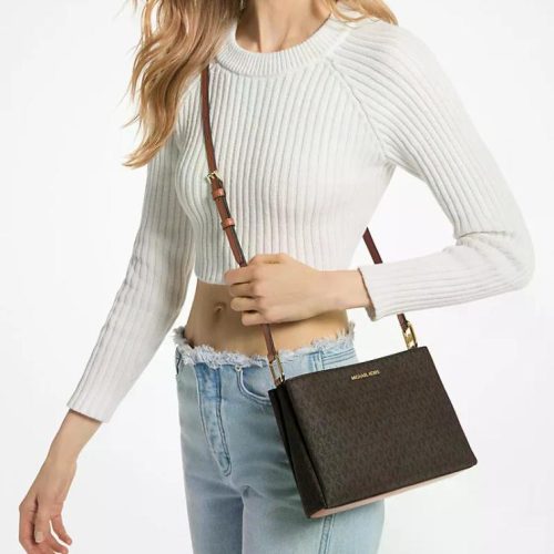 Cartera Crossbody Michael Kors Modelo Trisha Marrón Monograma Dorado