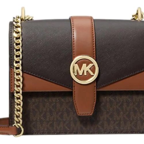 Cartera Crossbody Michael Kors Greenwich Small Original Café Monograma Dorado