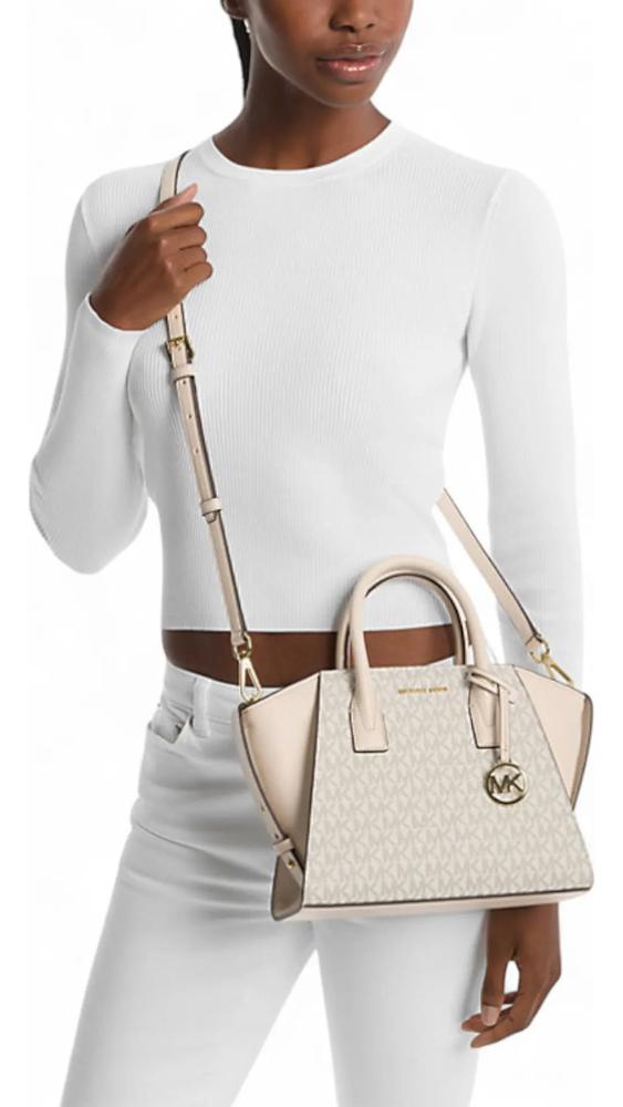 Crossbody Y Cartera Michael Kors Modelo Avril Mediano Vainilla Monograma Dorado