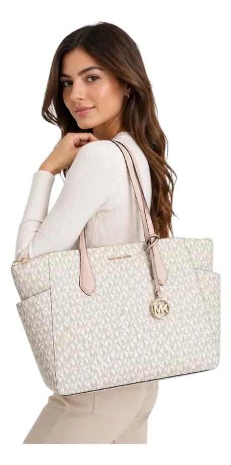 Cartera Tote Michael Kors Modelo Marilyn Mujer Original Vainilla Rosa Monograma Dorado